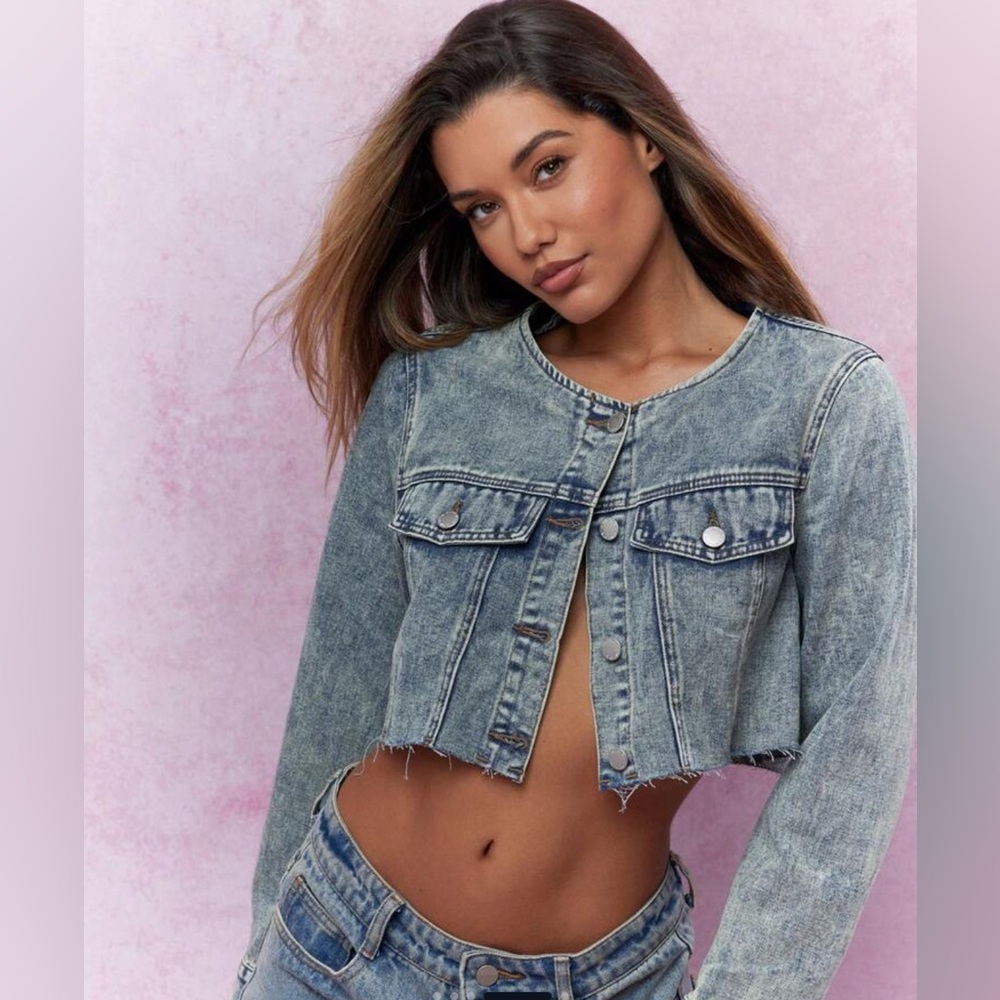 Missguided Cropped Acid Wash Denim Jacket Collarless Frayed Hem Blue